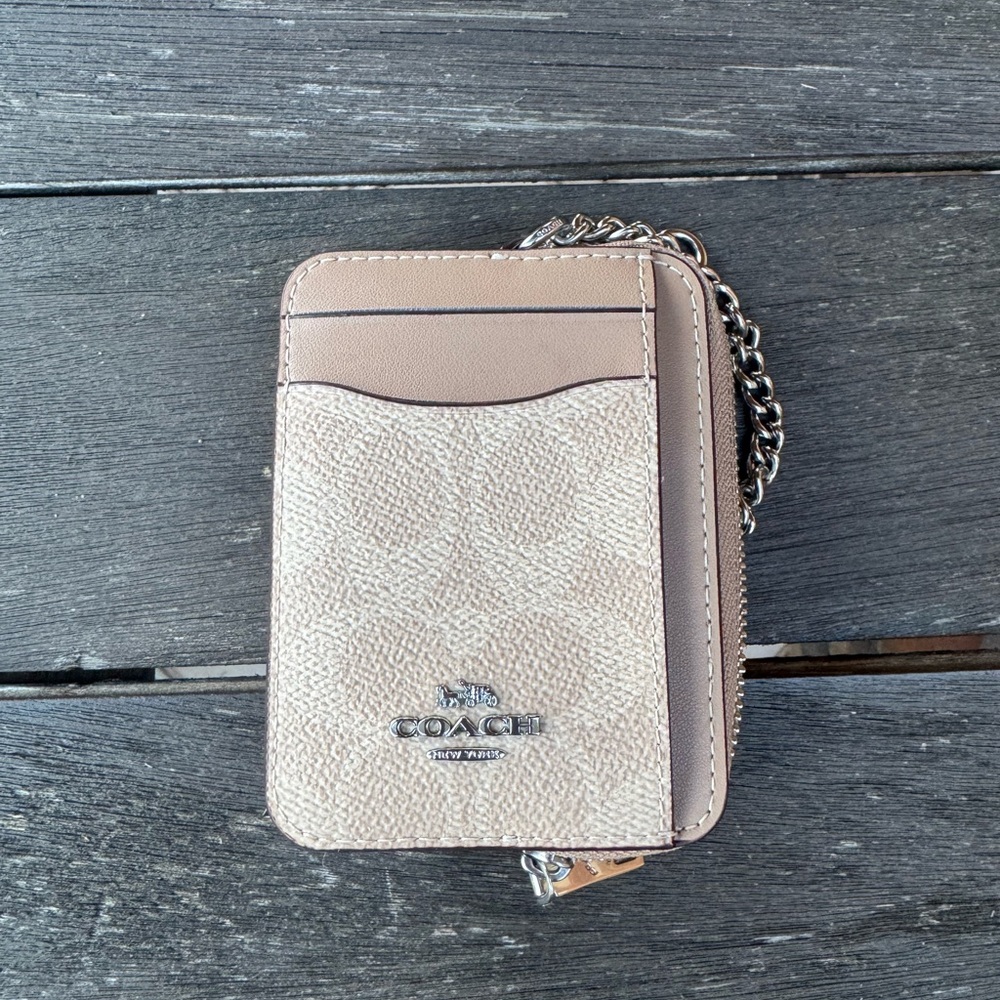 Coach Compact Card Case Wallet in Beige and Taupe with Silver Chain